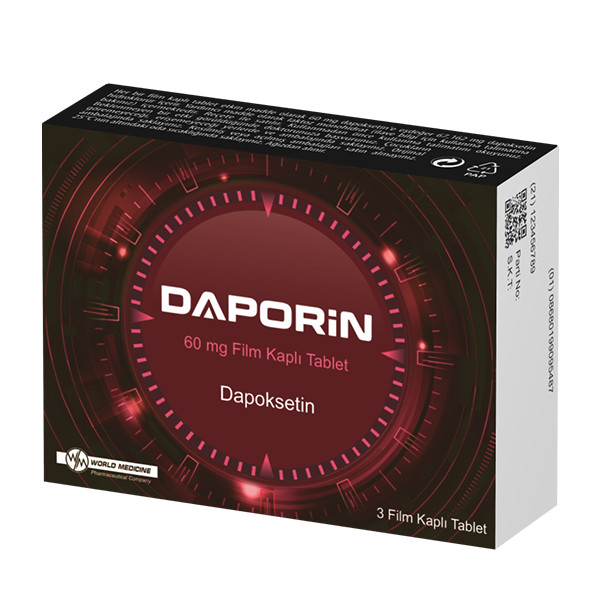 "Daporin 60 mg 6 tablet kutusu, dapoksetin hidroklorür içeren film kaplı tablet ilacı, beyaz zemin üzerinde mavi ve yeşil tonlarda ambalaj tasarımı, ürün bilgileri ve marka logosu ile"