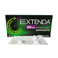 "Extenda 60 mg 30 tablet kutusu, dapoksetin hidroklorür içeren film kaplı tablet ilacı, beyaz zemin üzerinde mavi ve sarı tasarımlı ambalaj, Farmatek markası"